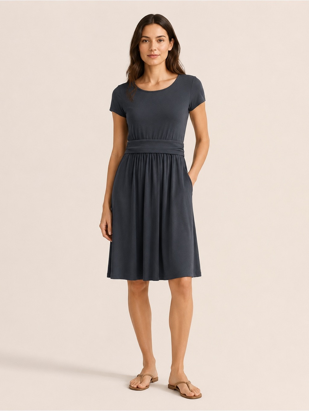 Quince Tencel Jersey Ruched Waist Midi Dress Navy Blue Size M